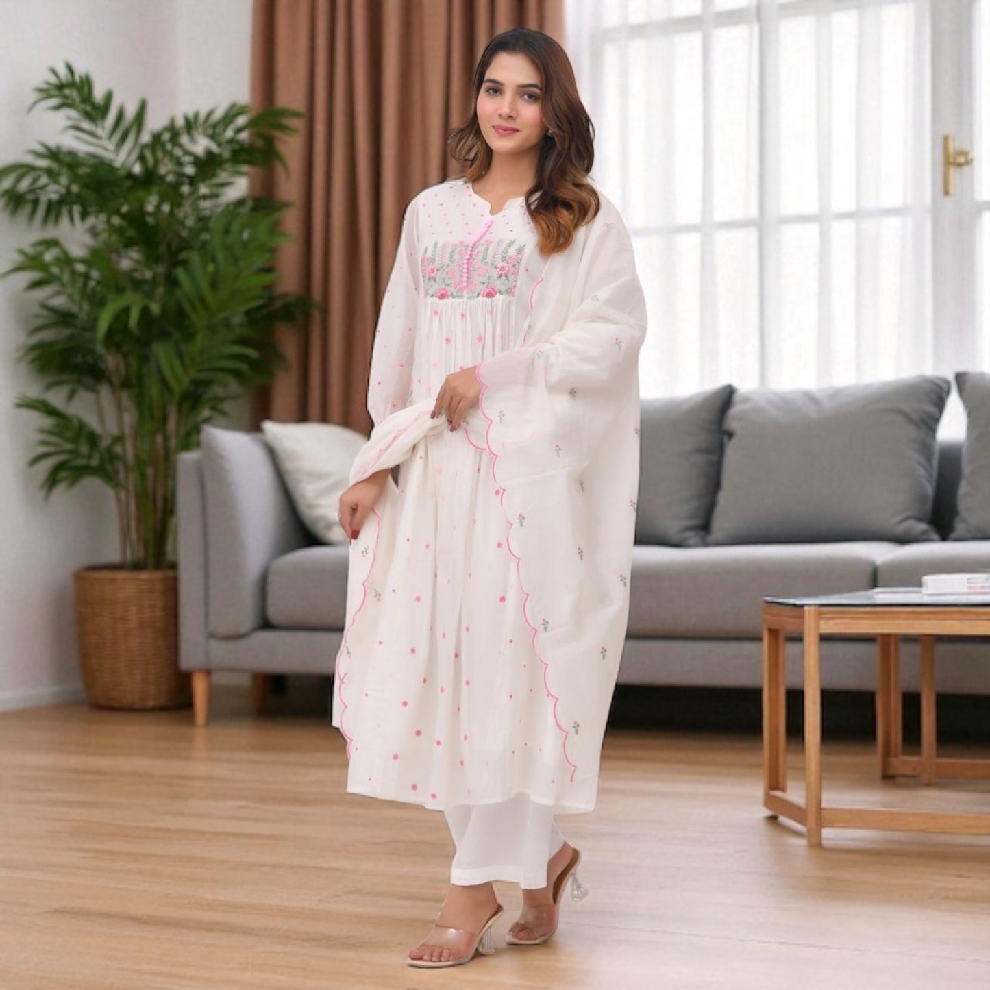 Mul chanderi kurta set.