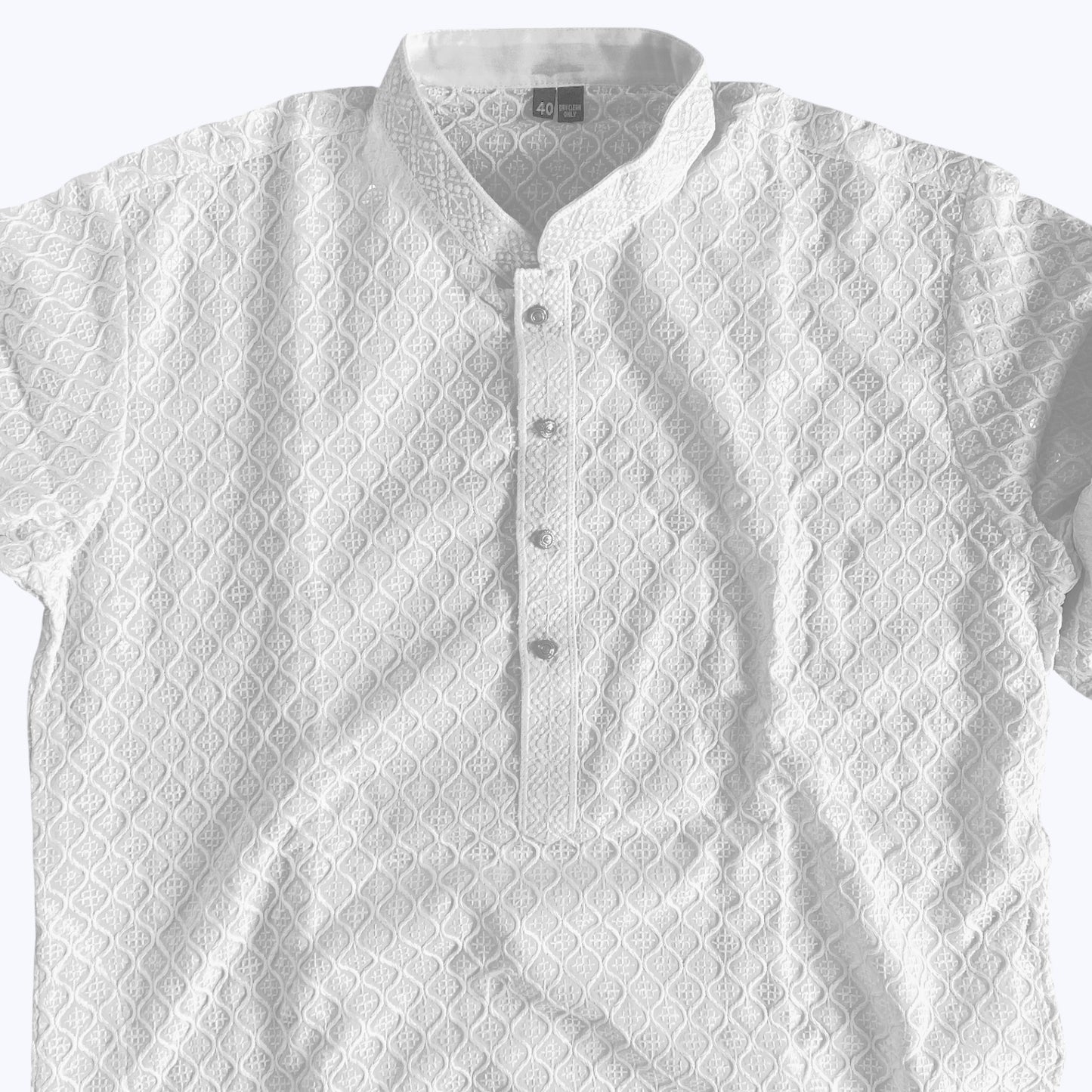 Men’s chikankari kurta set. No scarf included.