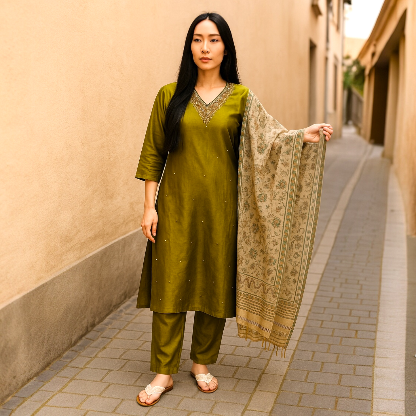 Pure Chanderi Embellished A-Line Kurta Set