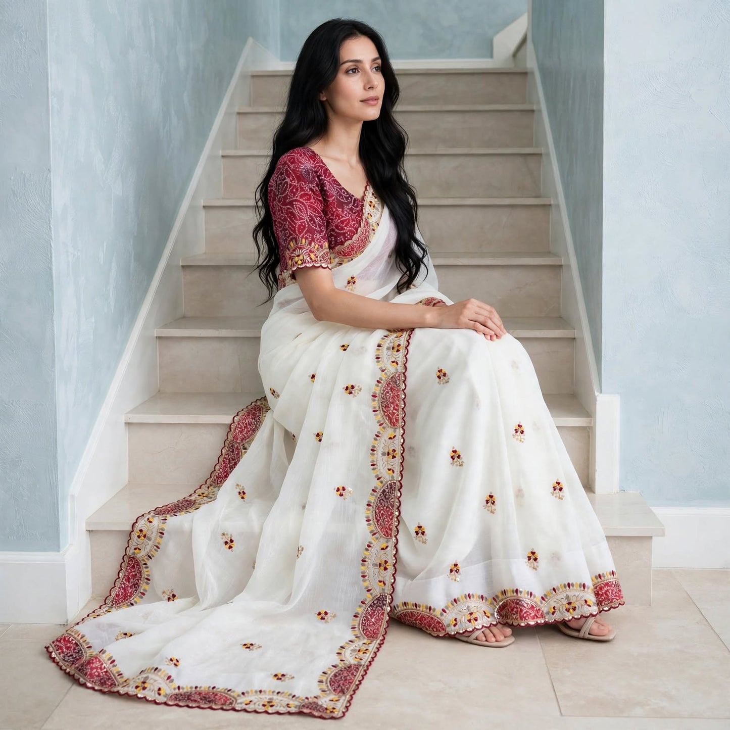 Sequins patchwork saree and Bandhani print blouse Set
