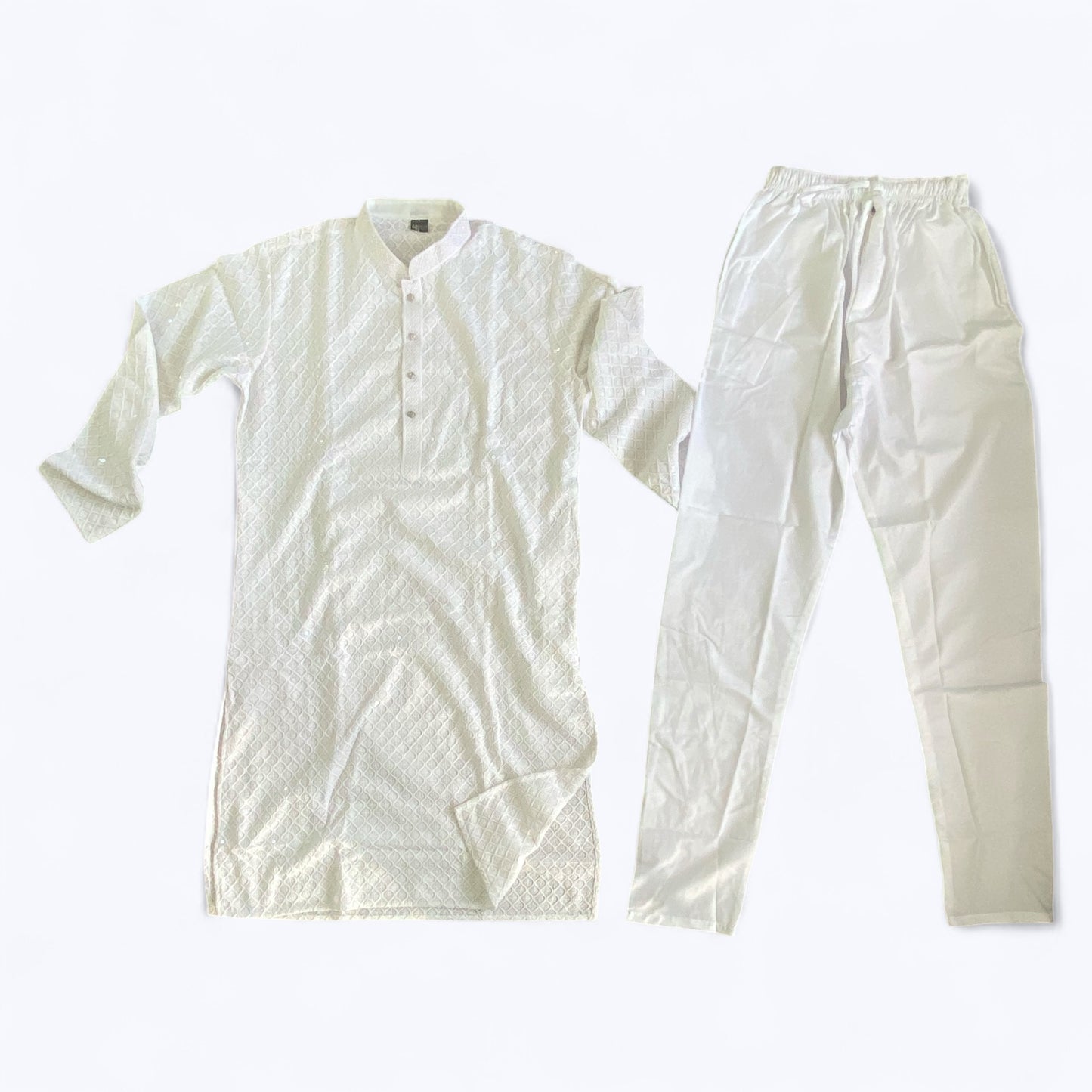 Men’s chikankari kurta set. No scarf included.