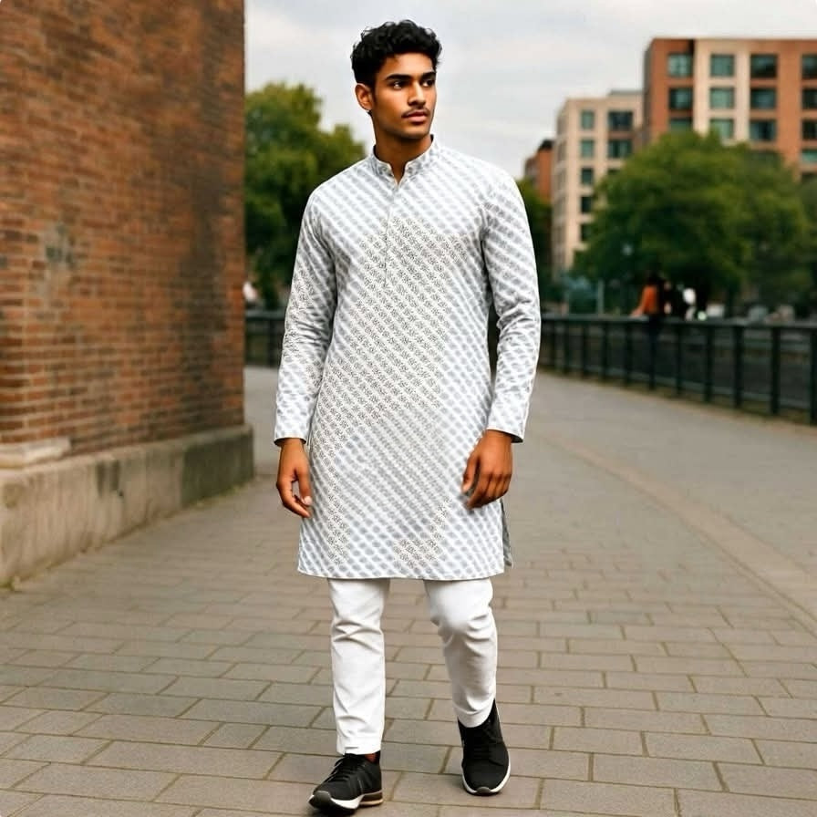 Men’s chikankari kurta set. No scarf included.
