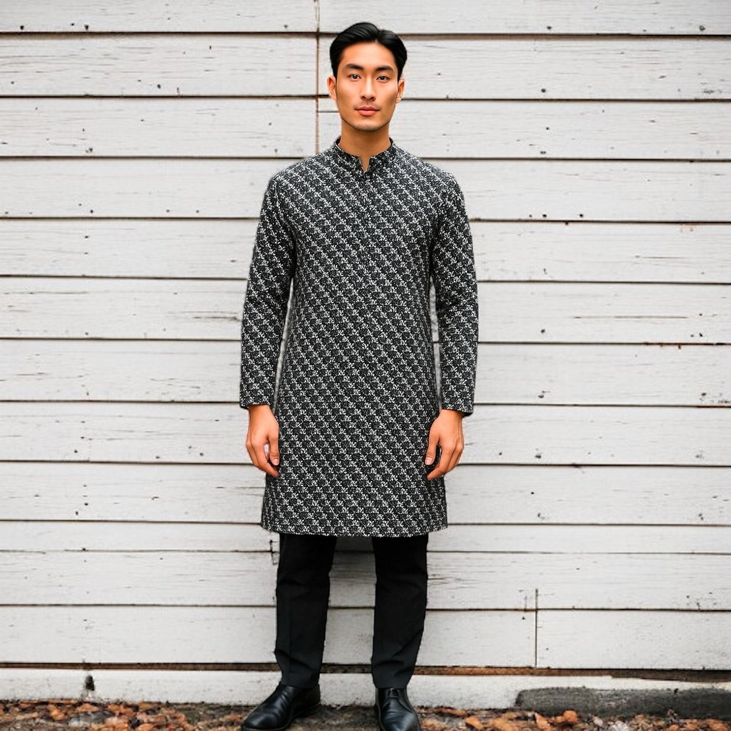 Men’s chikankari kurta set. No scarf included.