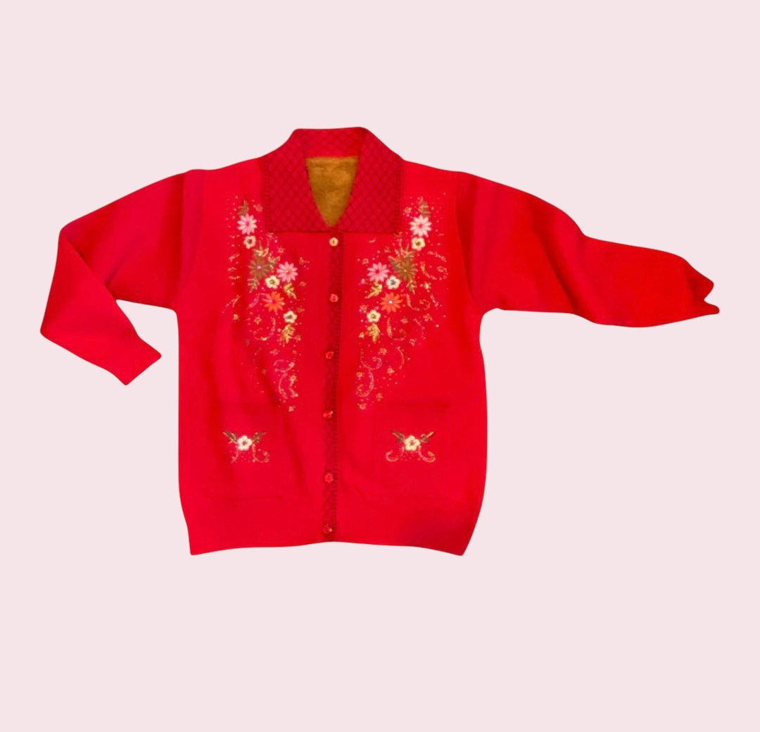 Lapel embroidered cardigan sweater