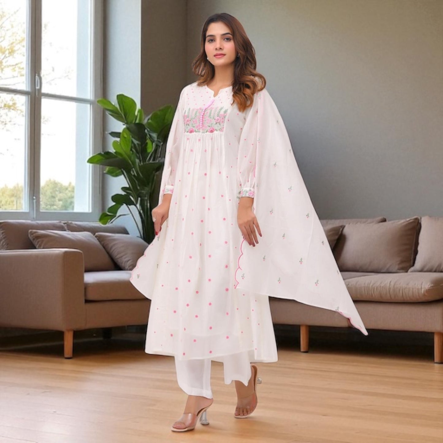 Mul chanderi kurta set.