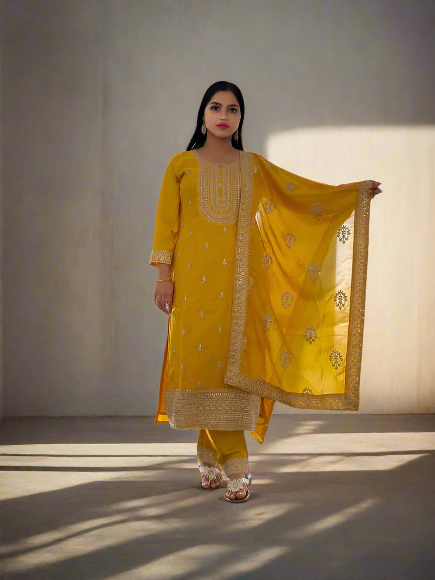 Silk 3 piece kurta set with pocket