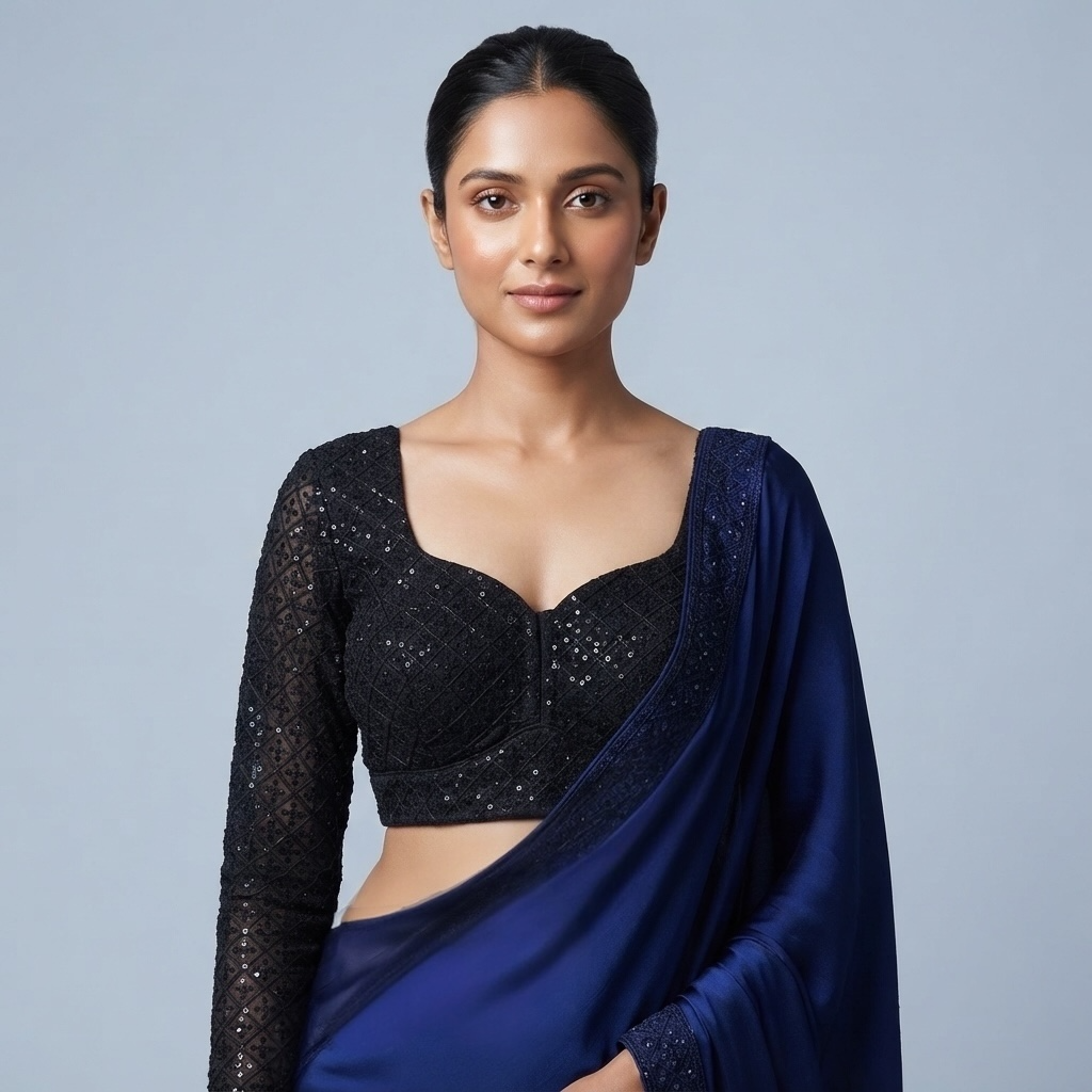 Arch base sequin and embroidered long net sleeve blouse