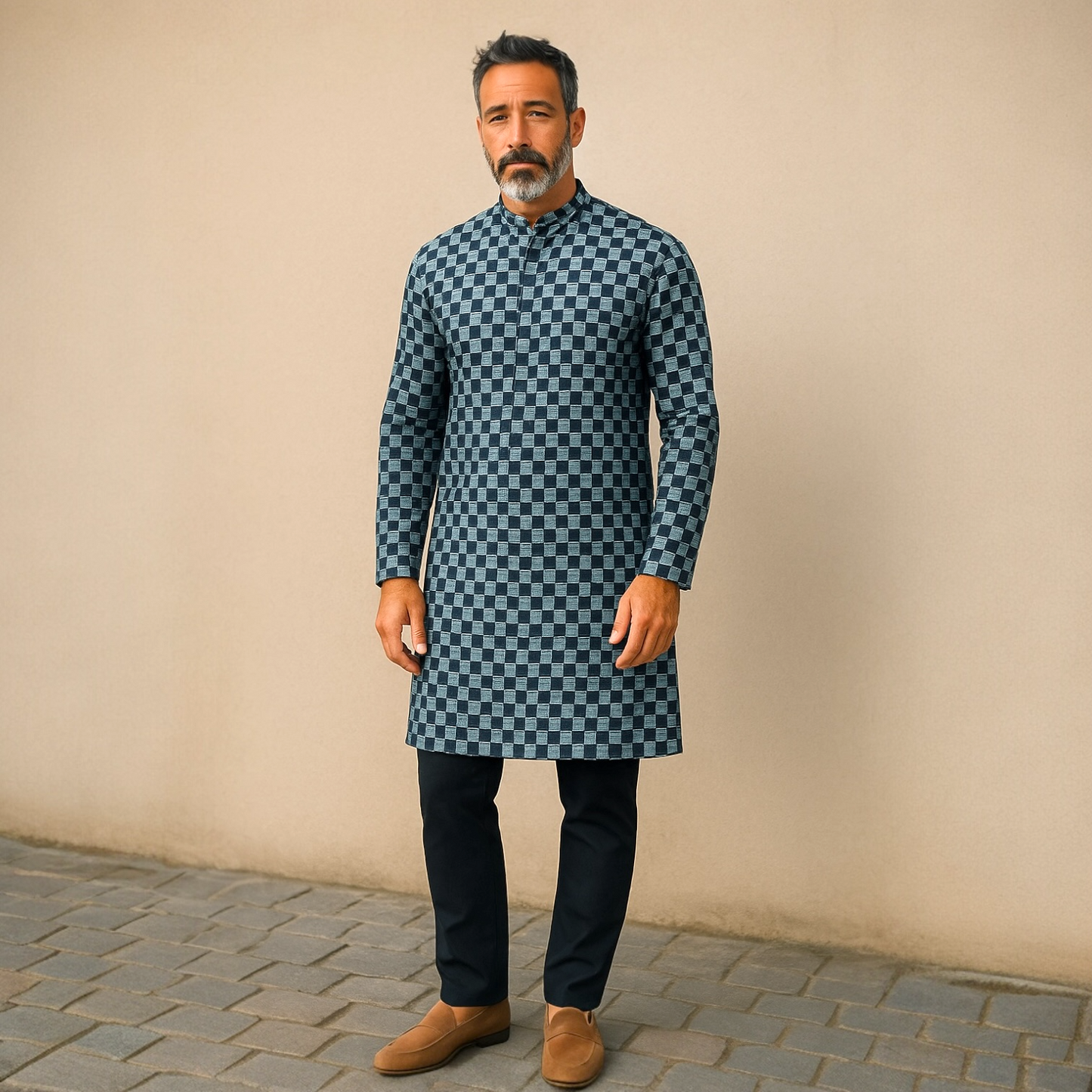 Men’s chikankari kurta set. No scarf included.
