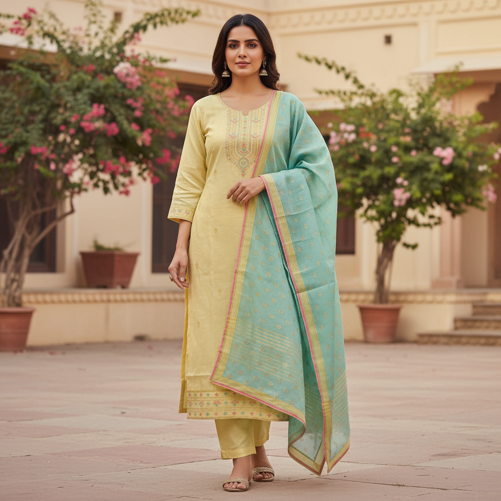 Embroidered straight kurta 3 piece set