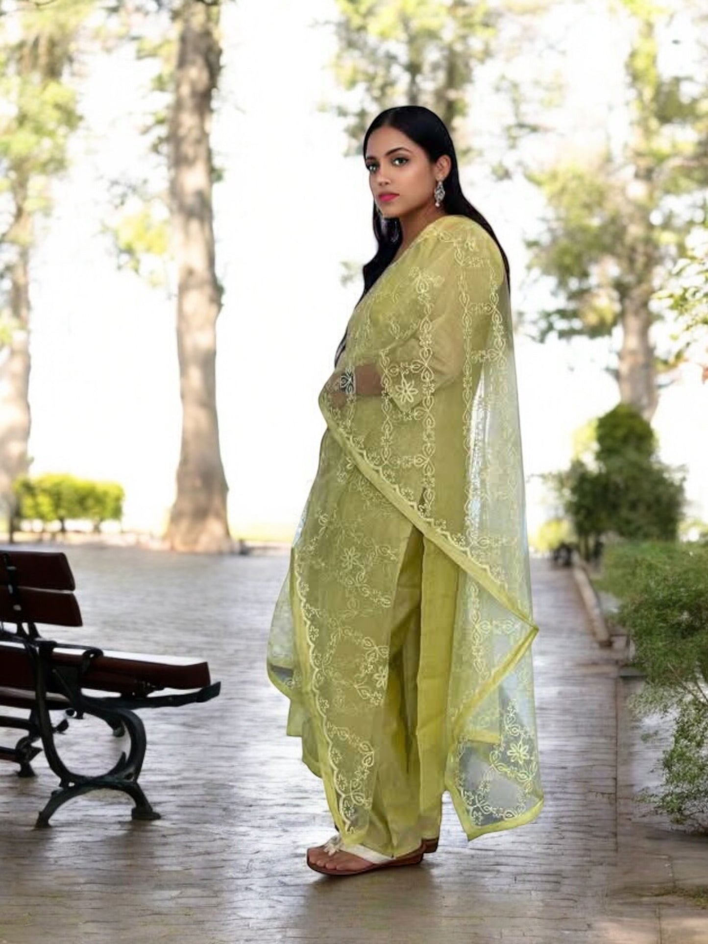 Stone work straight kurta 3 piece set.