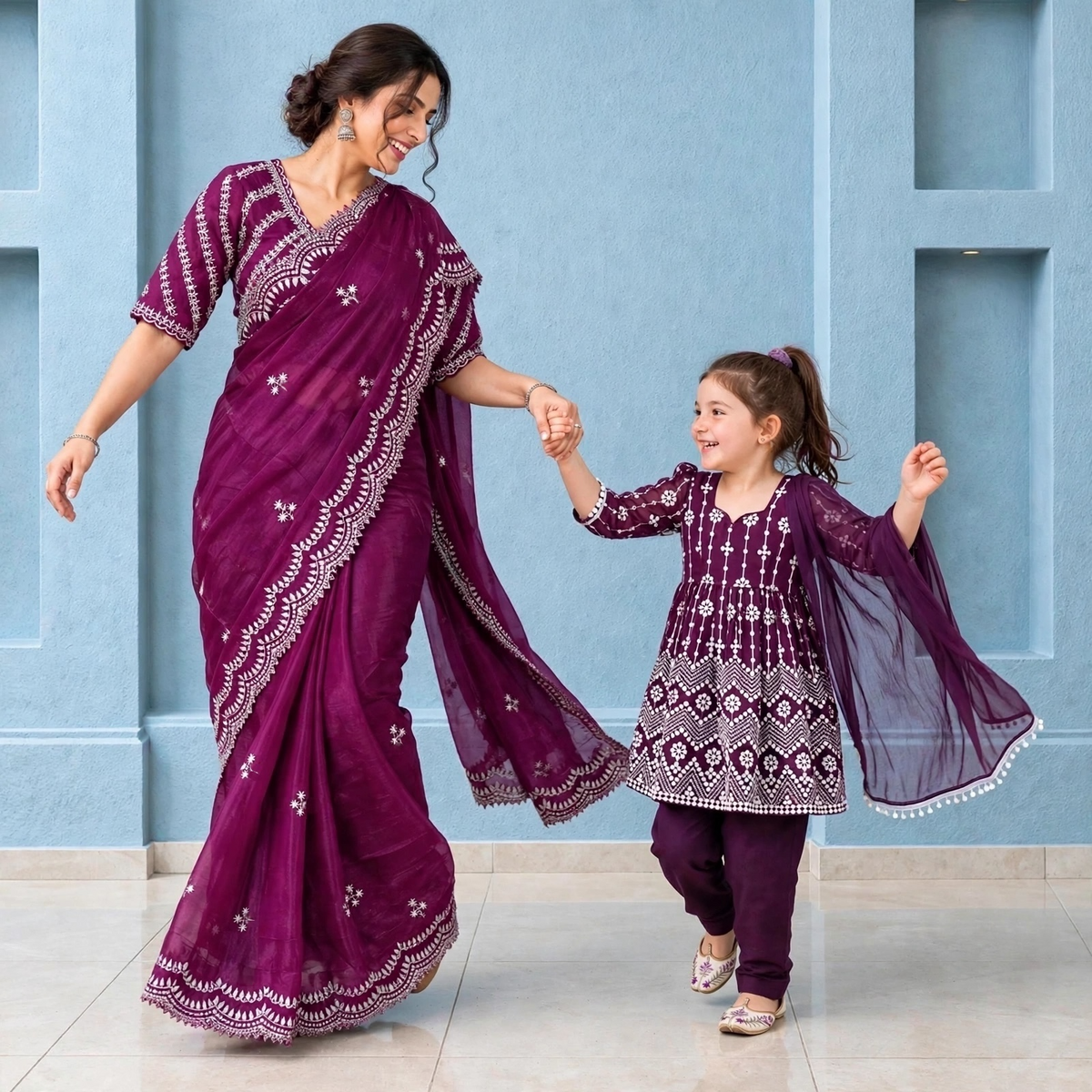 Trefoil embroidered pre-pleated saree and blouse set