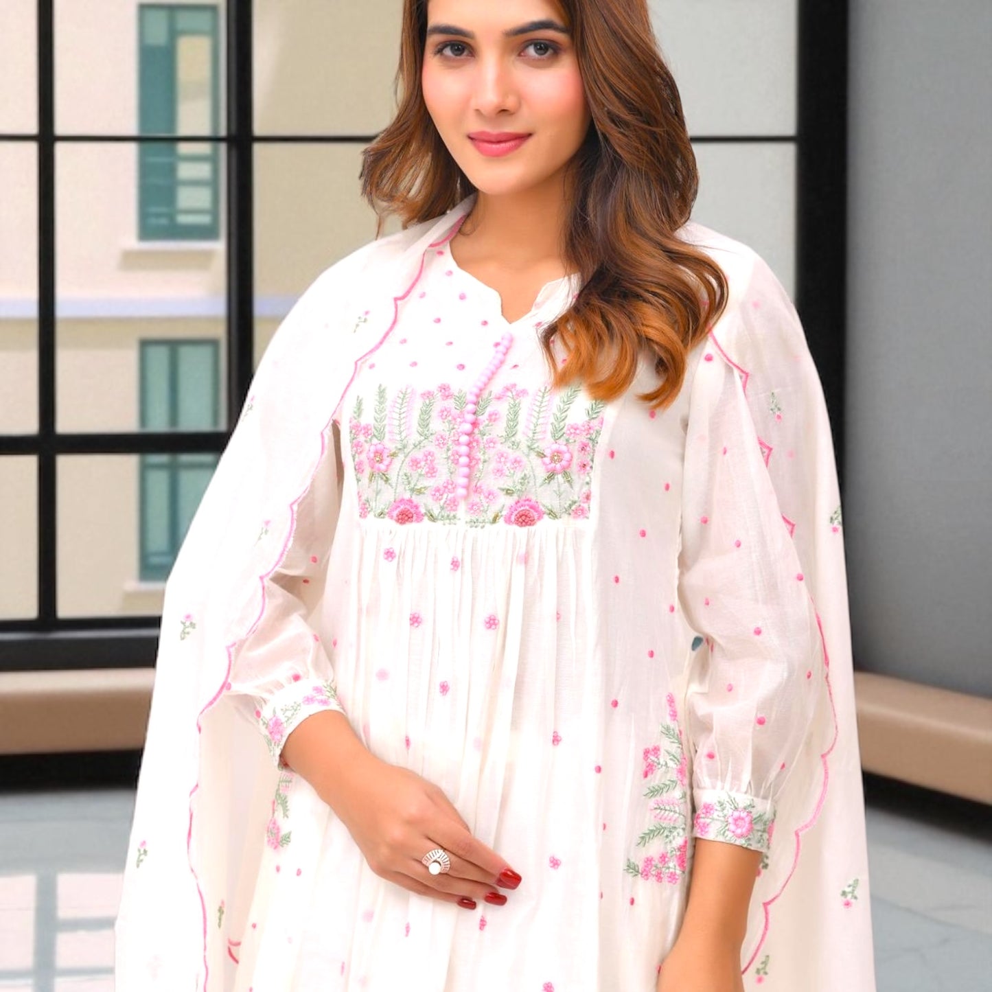 Mul chanderi kurta set.