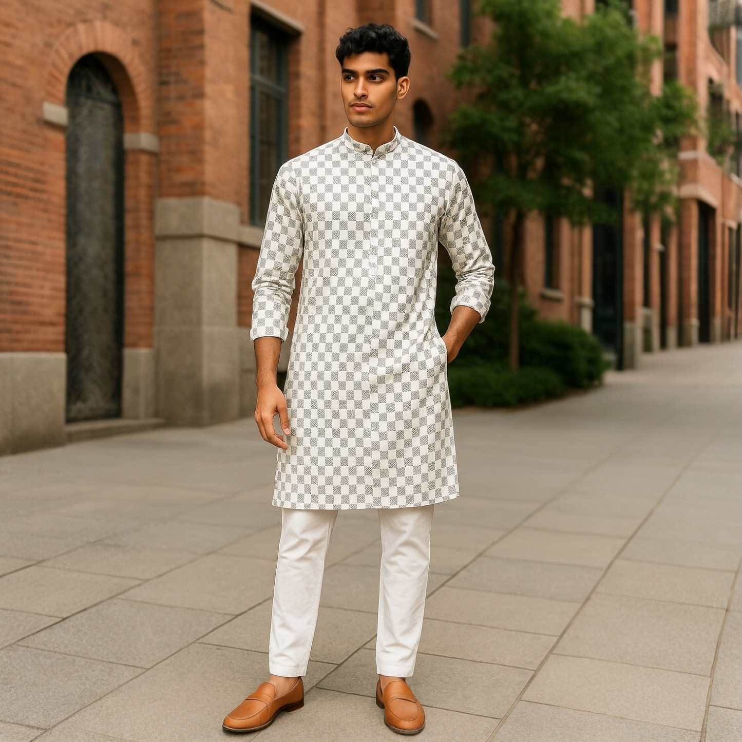 Men’s chikankari kurta set. No scarf included.