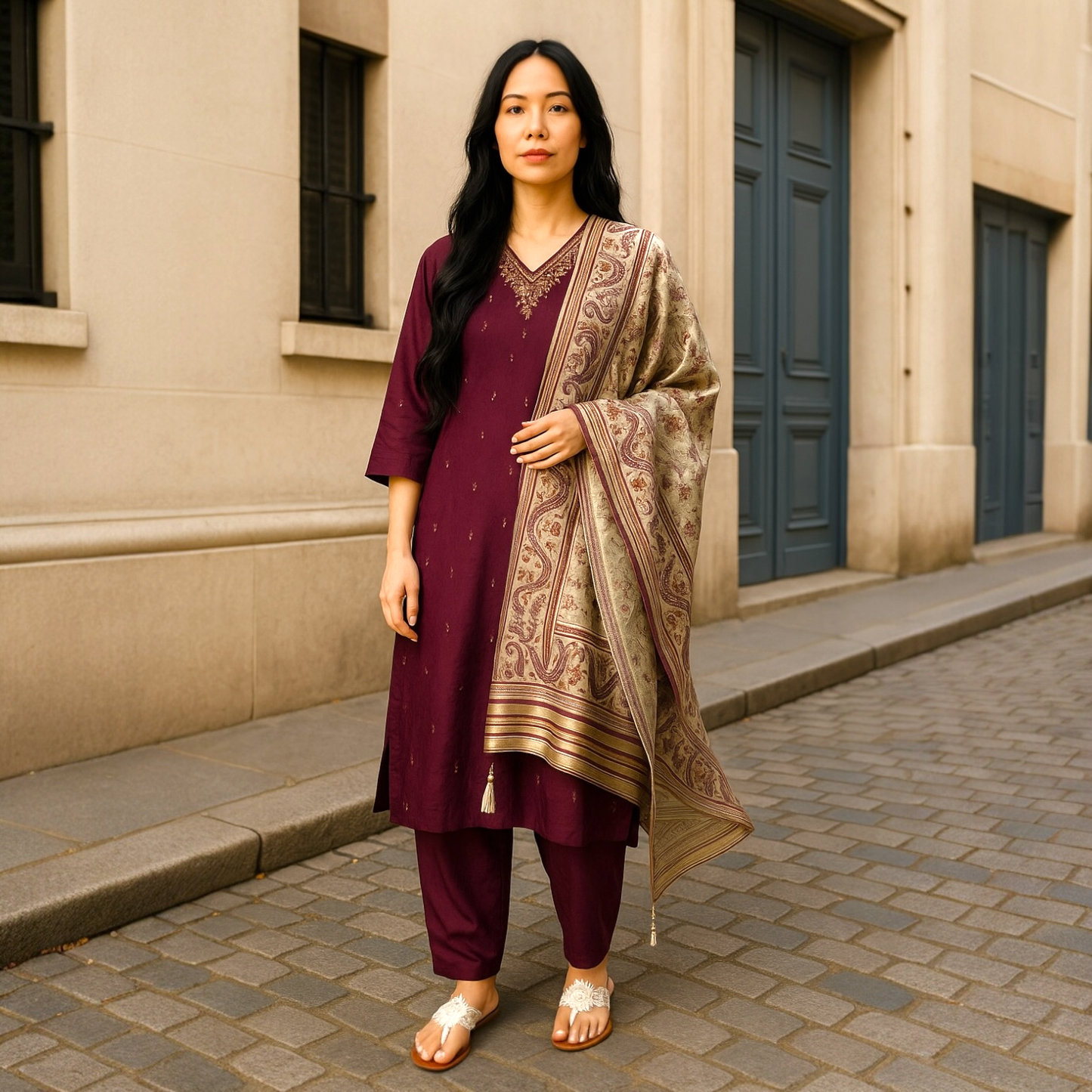 Pure Chanderi Embellished A-Line Kurta Set