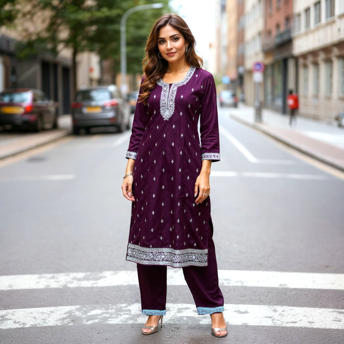Silver Embroidered Kurta Set