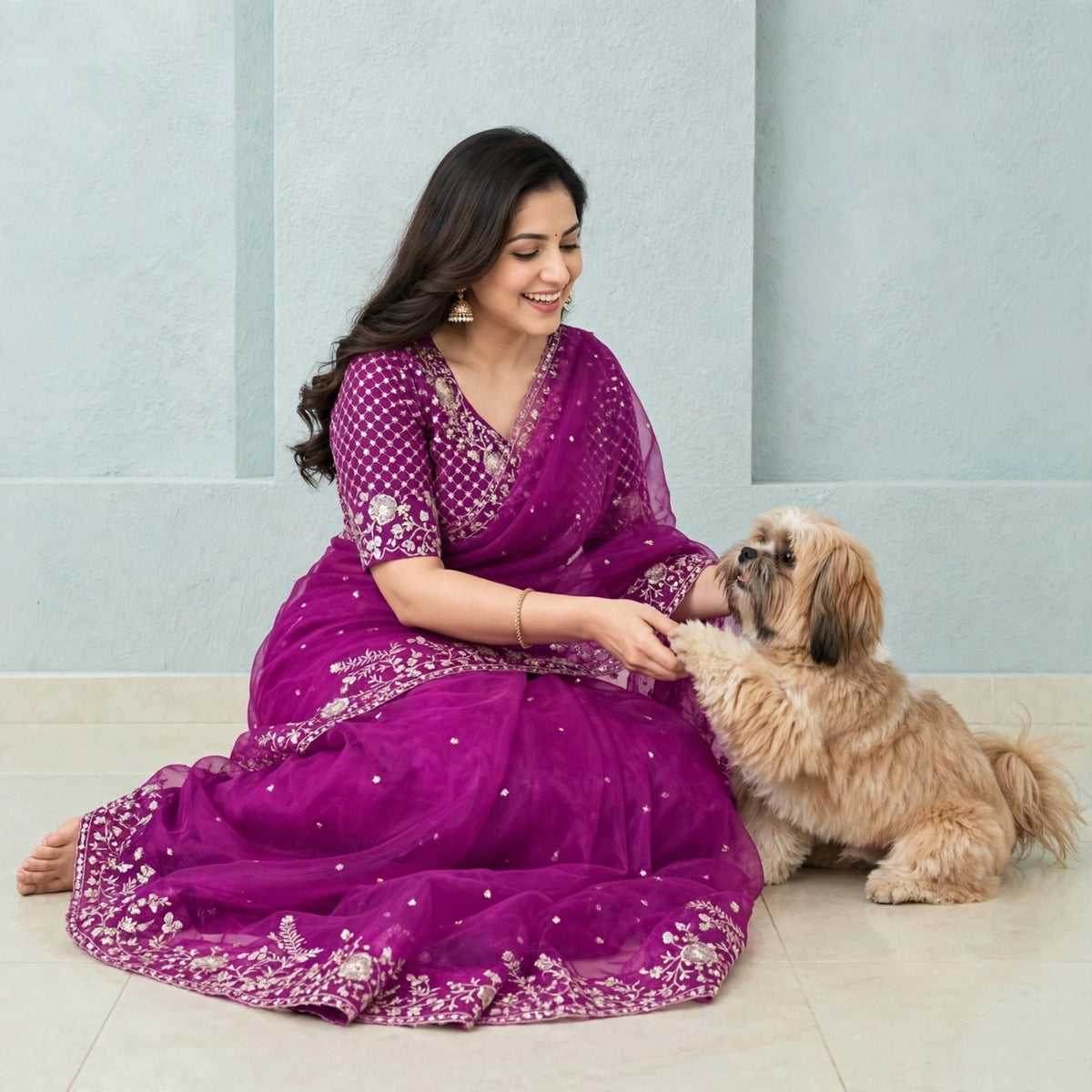 Pre-pleated Sequence and thread work saree and blouse set