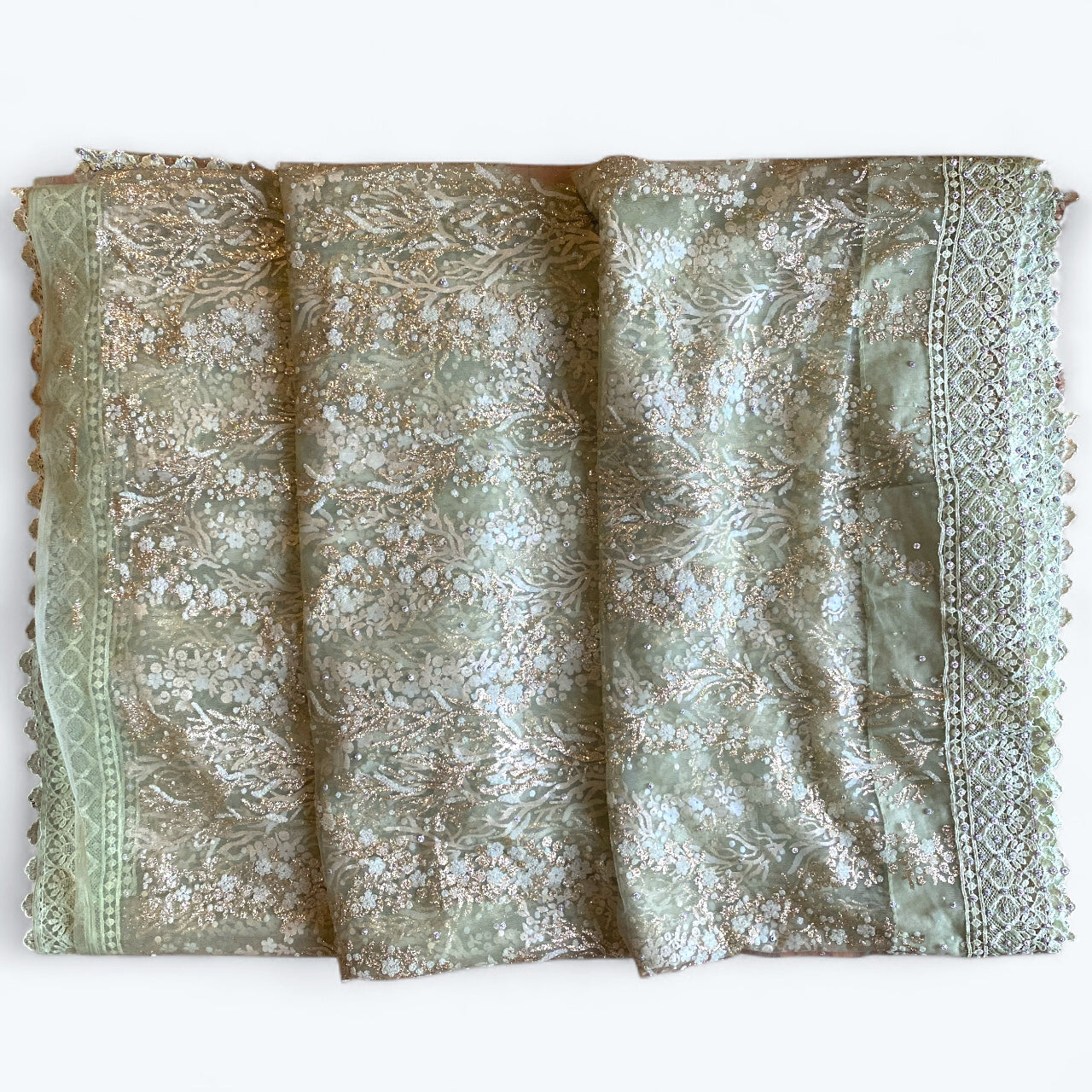 Net saree and blouse set with glitter and thread work