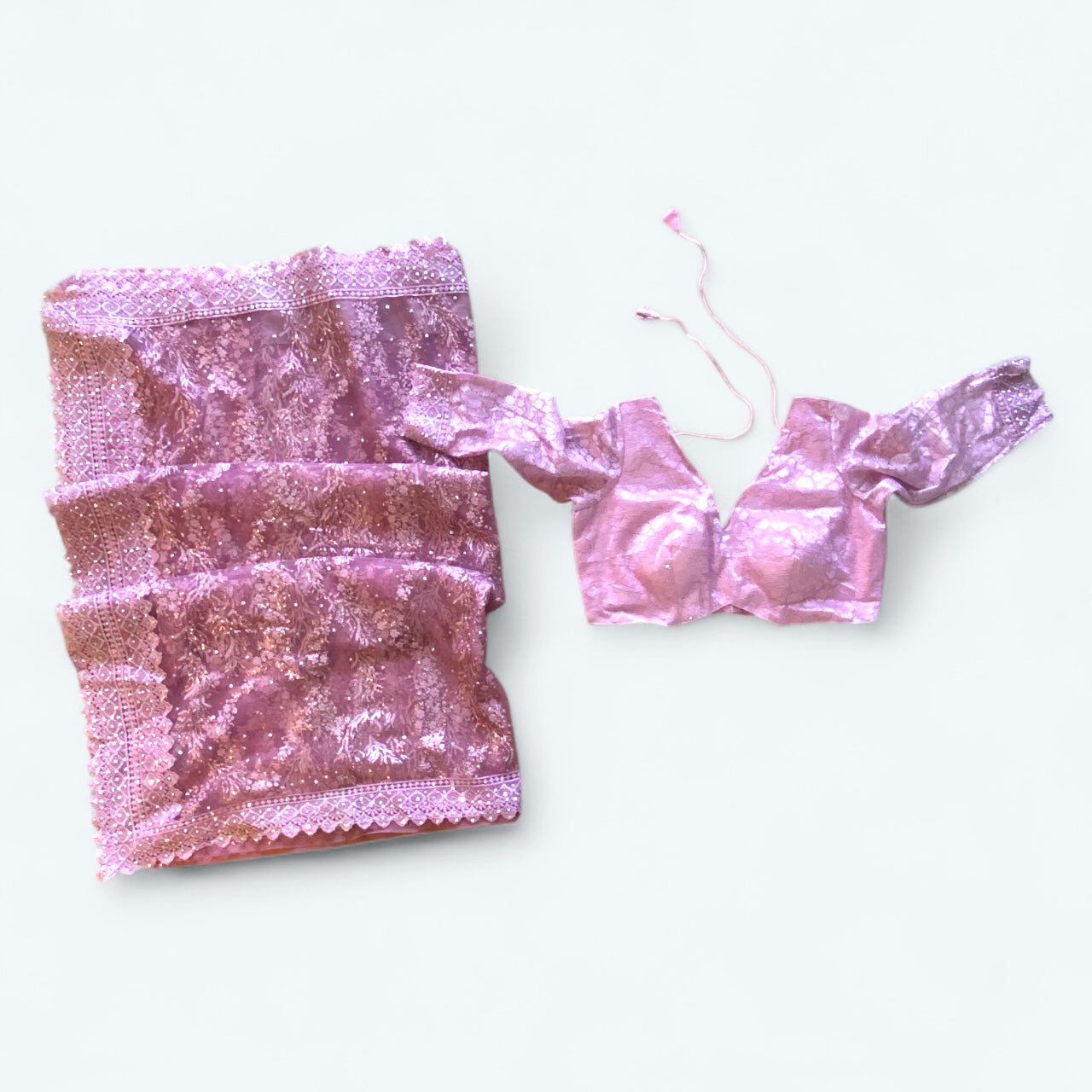 Net saree and blouse set with glitter and thread work