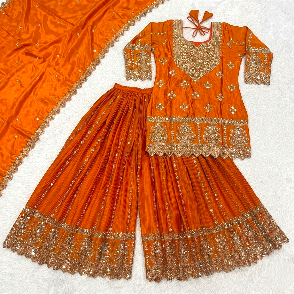 Heavy embroidered short top sharara suit set