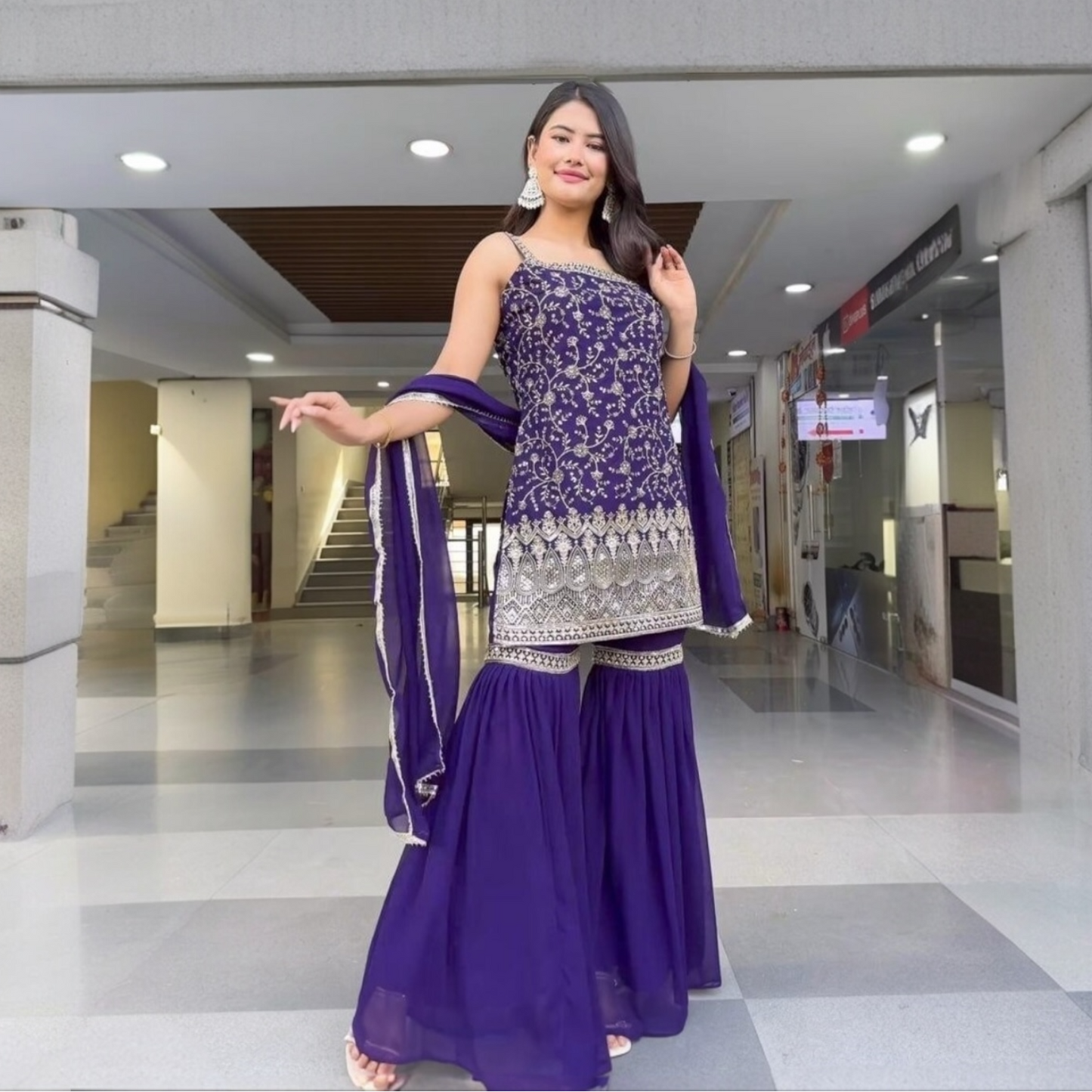 Sequin embroidery sleeveless sharara suit