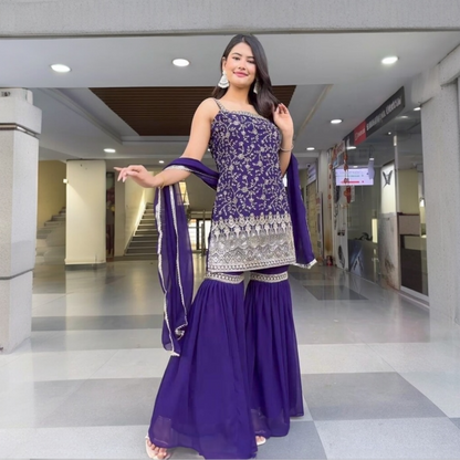Sequin embroidery sleeveless sharara suit