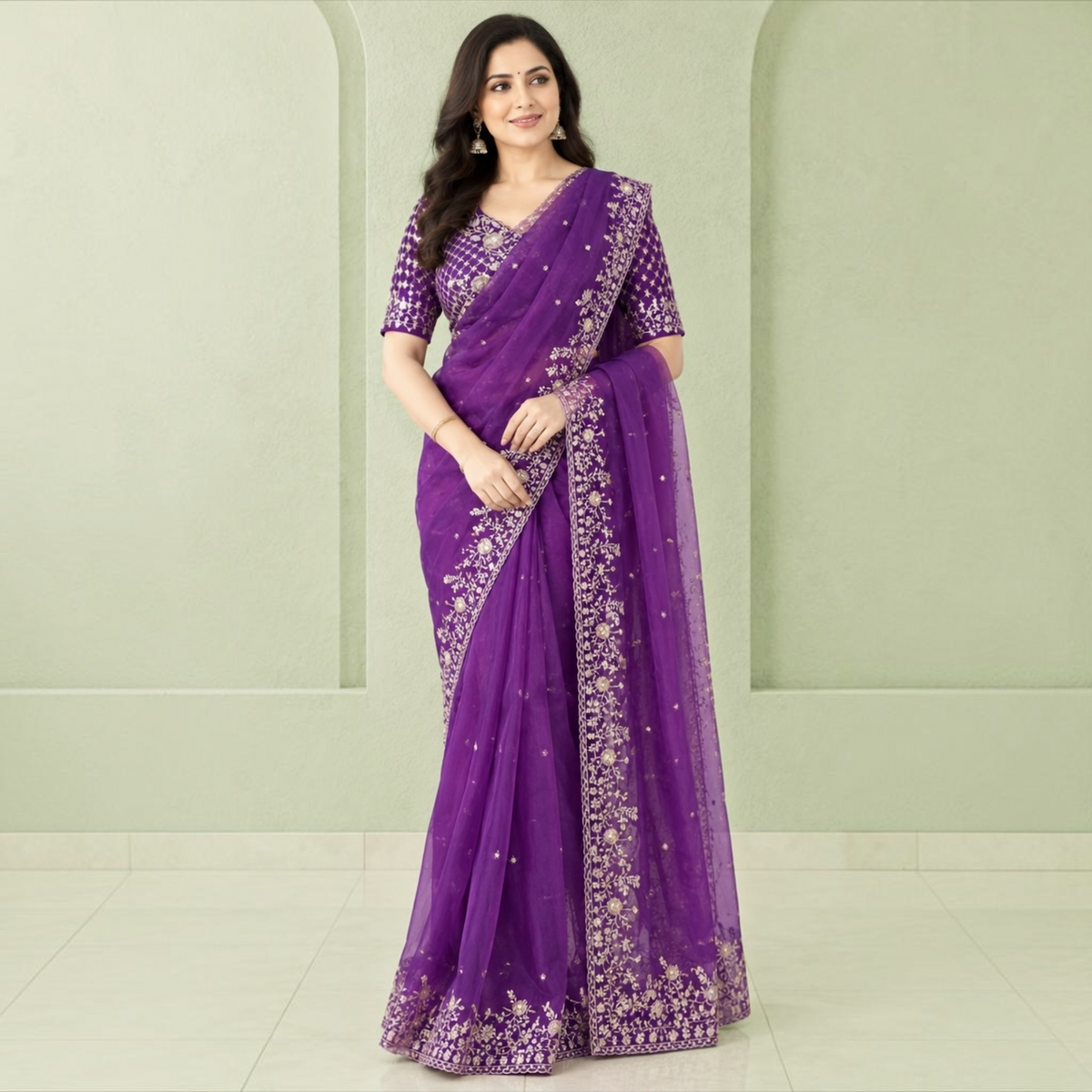 Pre-pleated Sequence and thread work saree and blouse set