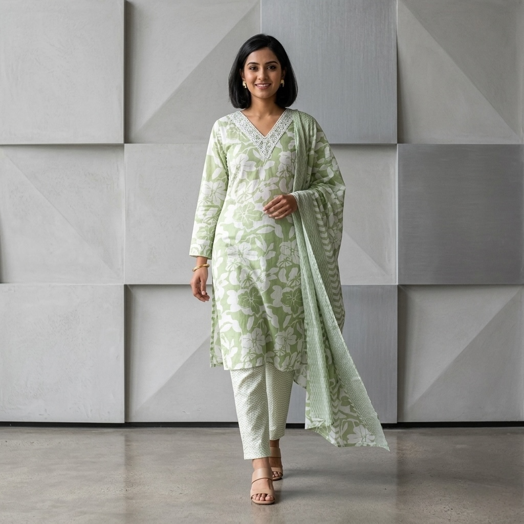 Straight-cut with a V-neck design kurta set