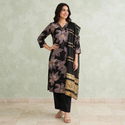 Lily-print noir straight kurta set