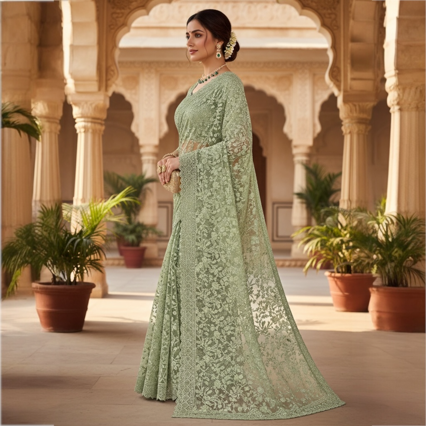 Net saree and blouse set with glitter and thread work