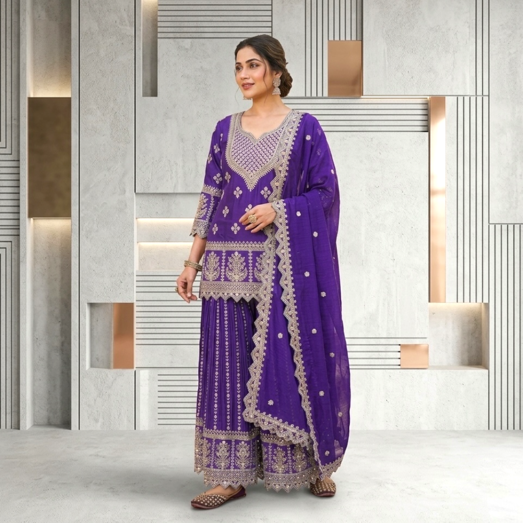 Heavy embroidered short top sharara suit set