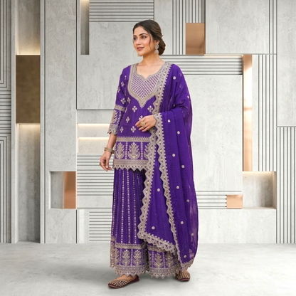 Heavy embroidered short top sharara suit set