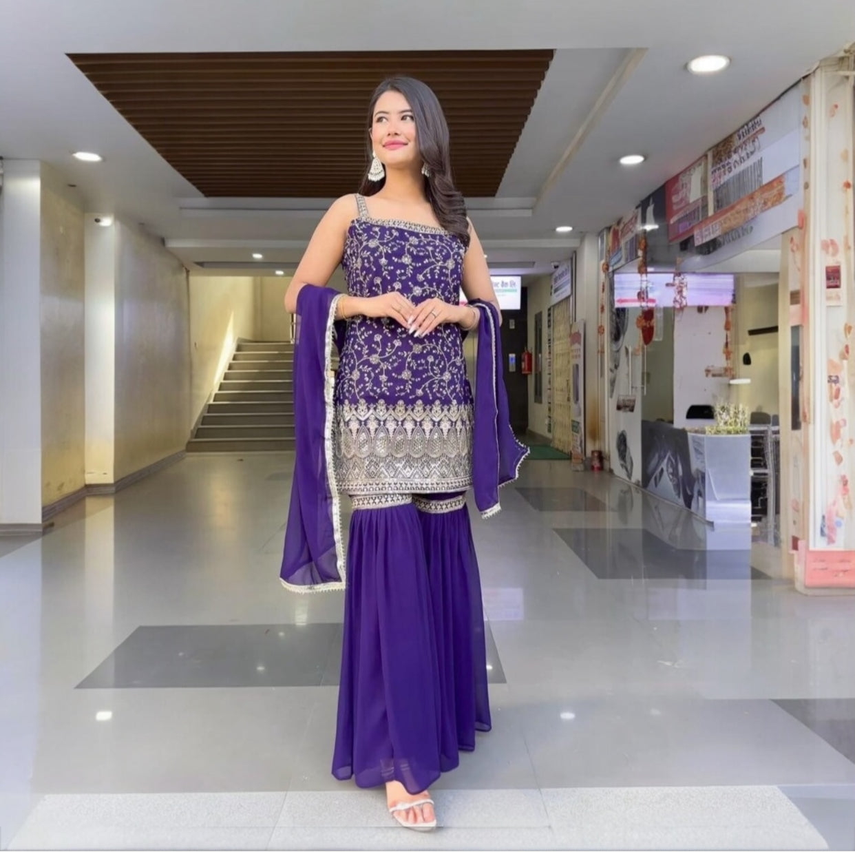 Sequin embroidery sleeveless sharara suit