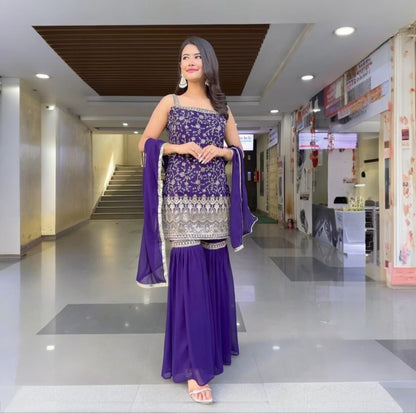 Sequin embroidery sleeveless sharara suit