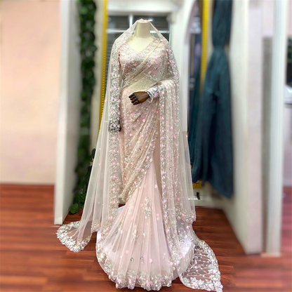 Soft net saree with blouse and dupatta set