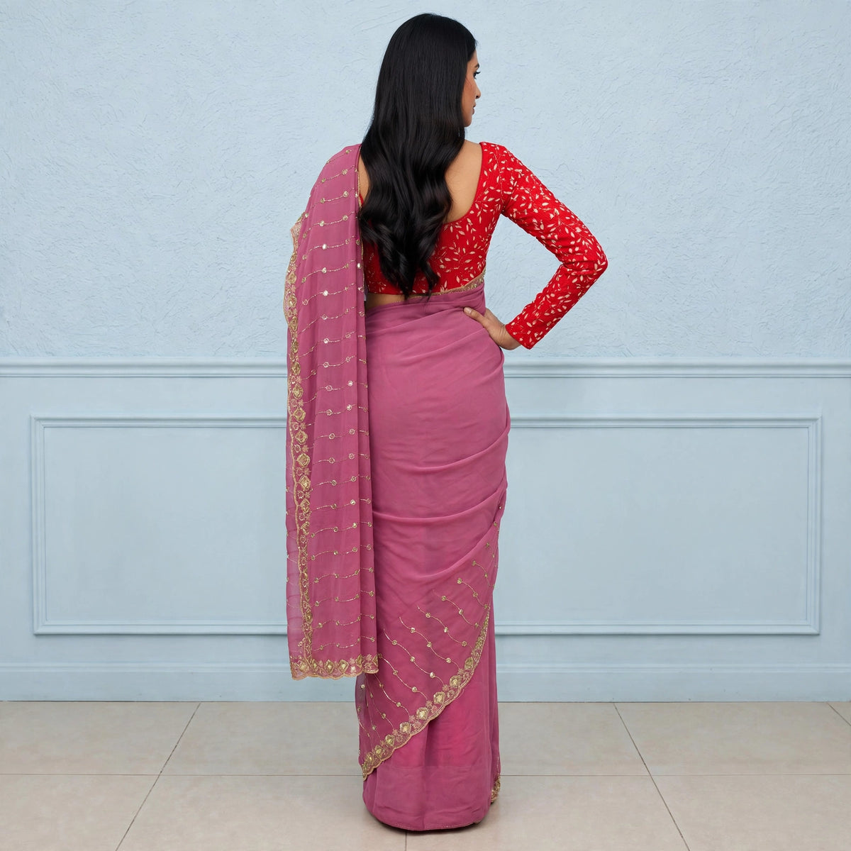 Embroidered and seed beaded saree only