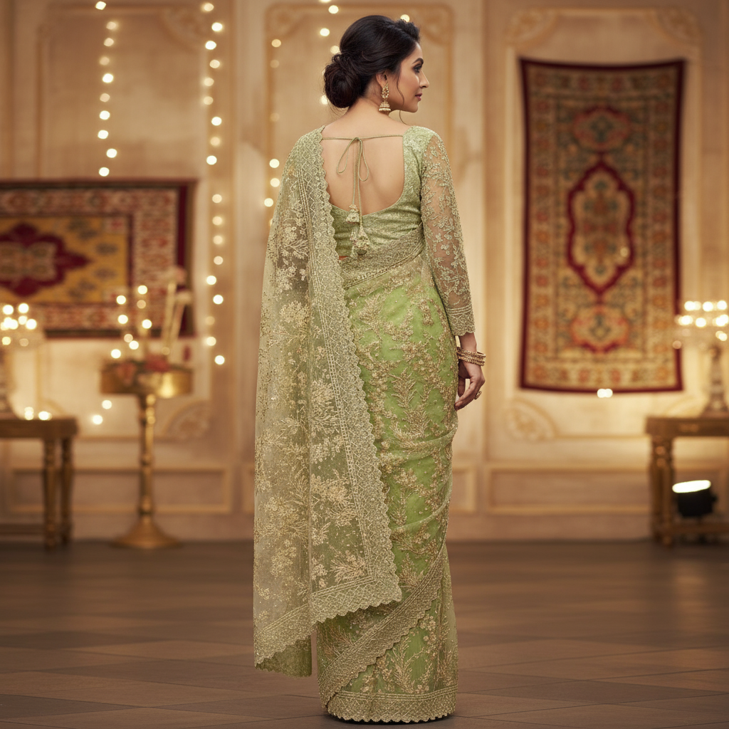 Net saree and blouse set with glitter and thread work