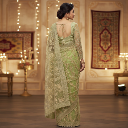 Net saree and blouse set with glitter and thread work