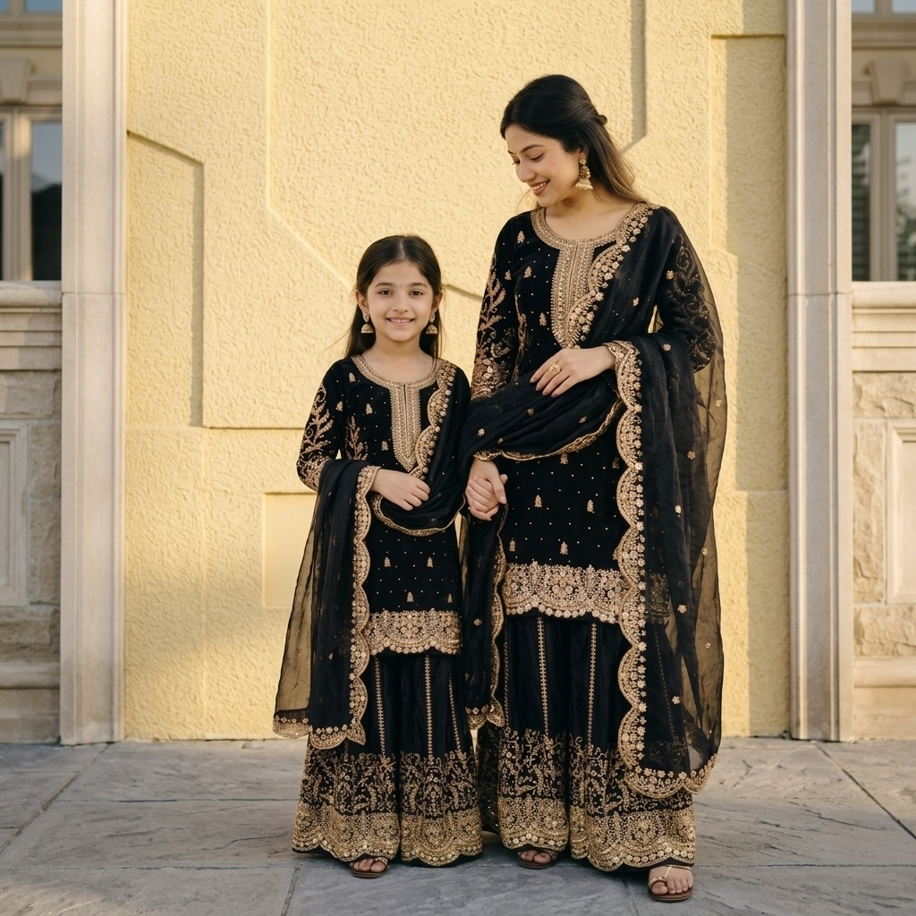 Heavy Embroidered Mother-Daughter Sharara Combo set