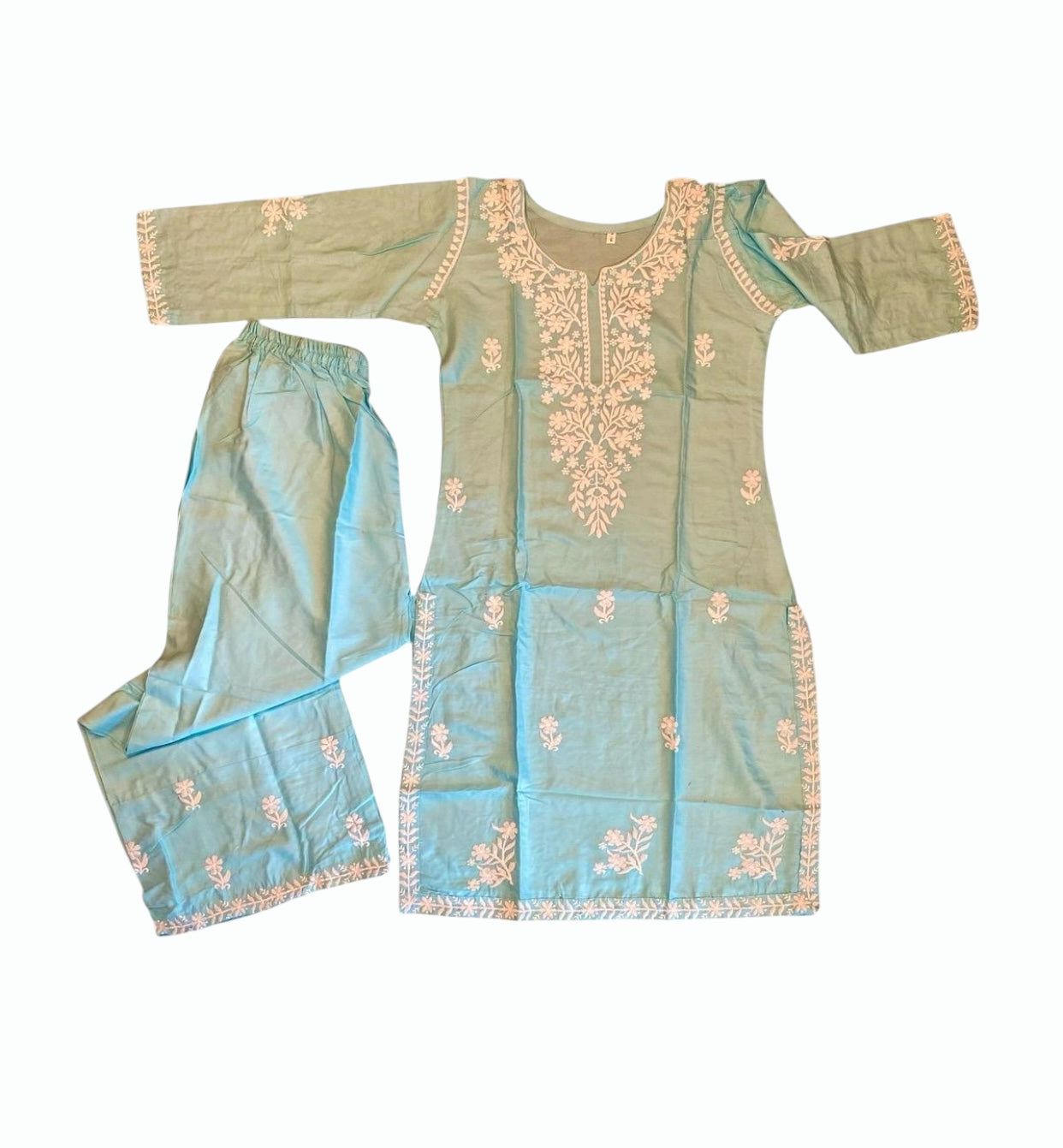 Rayon Lucknowi Chikankari Work Straight Kurta Palazzo Set