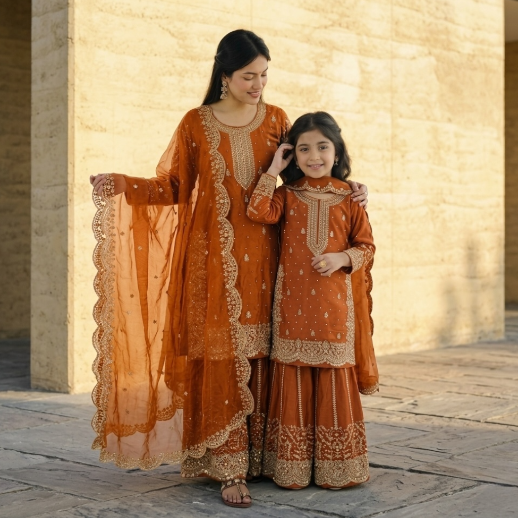 Heavy Embroidered Mother-Daughter Sharara Combo set