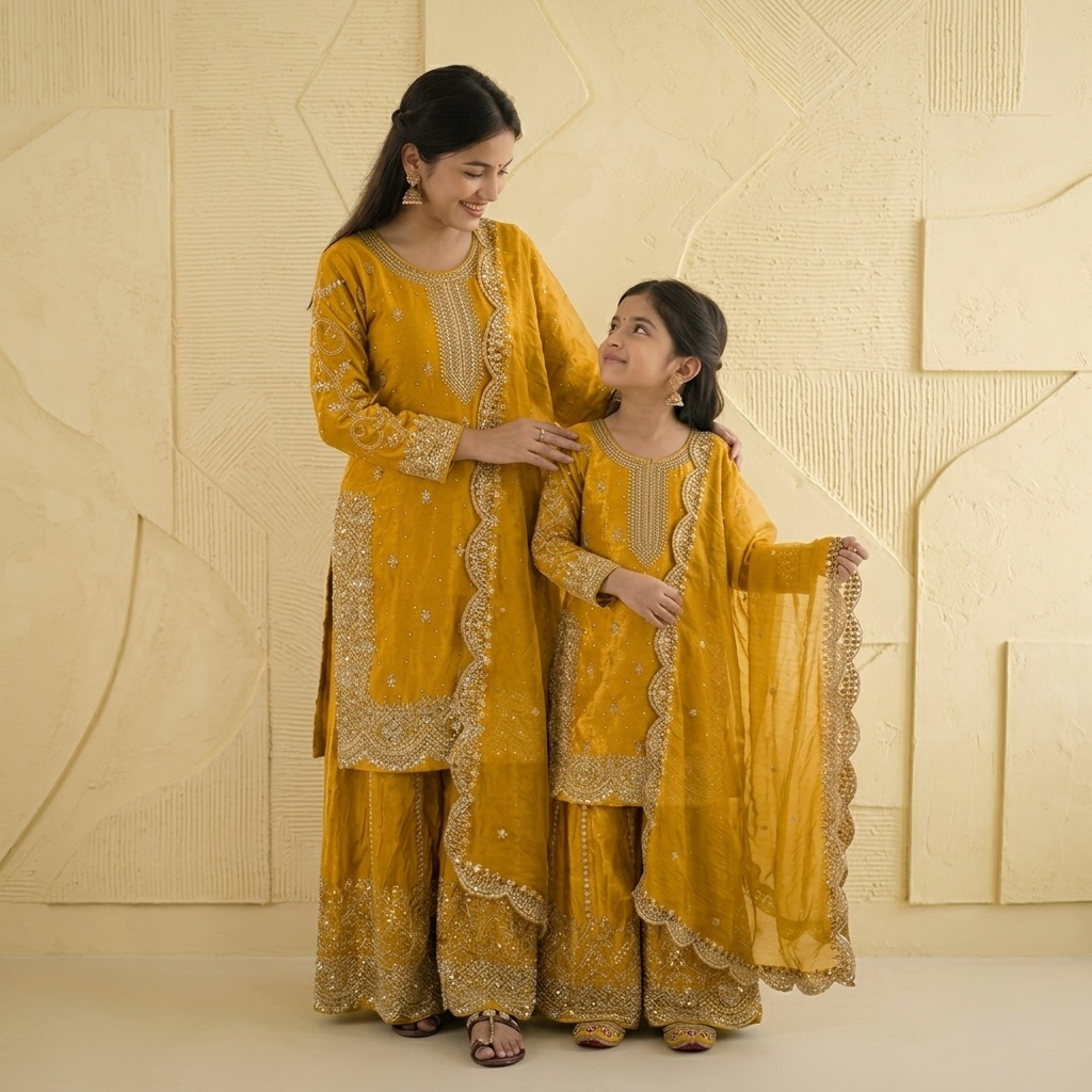 Heavy Embroidered Mother-Daughter Sharara Combo set