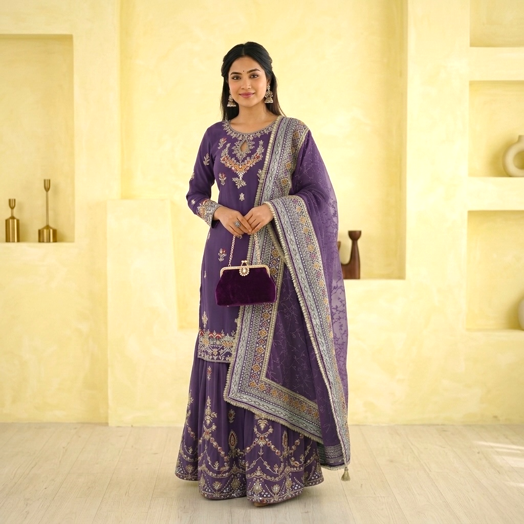 Embroidery and sequence work sharara suit set