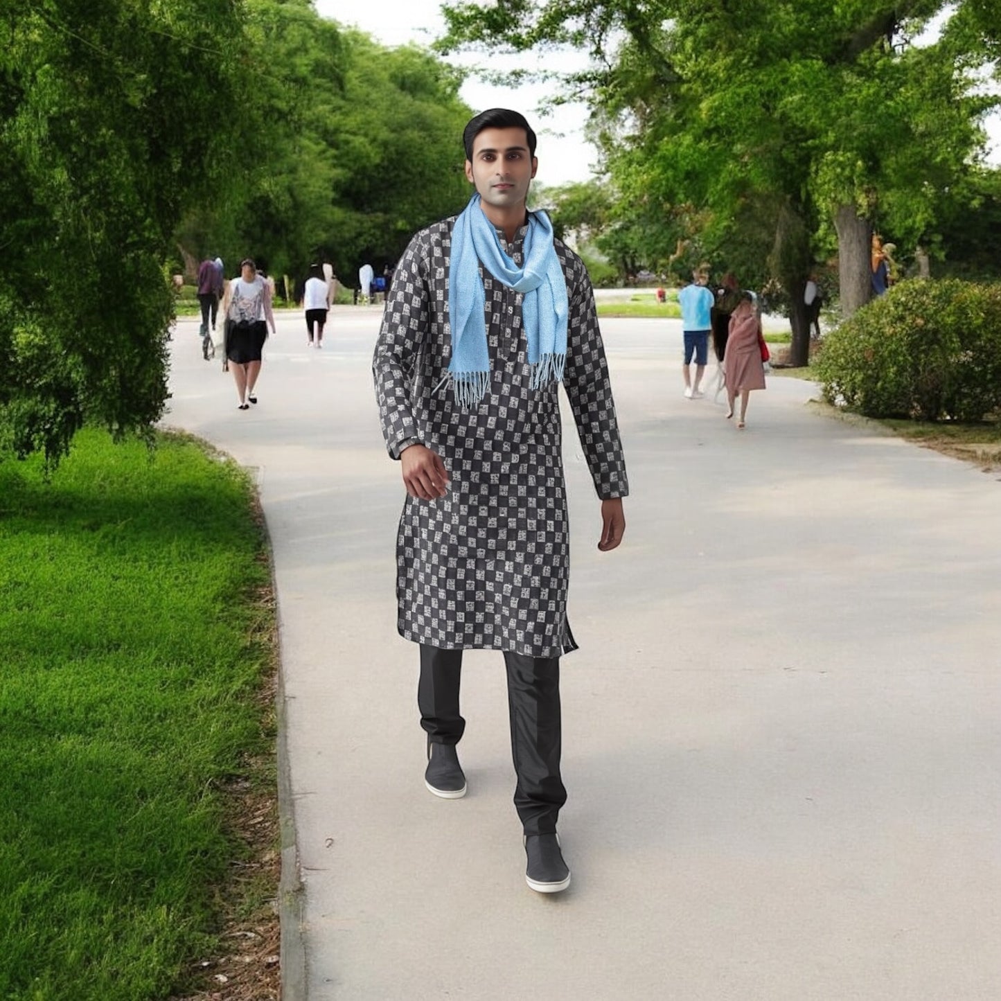 Men’s chikankari kurta set. No scarf included.