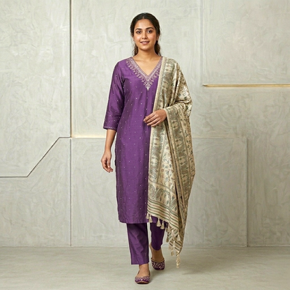 Pure Chanderi Embellished A-Line Kurta Set