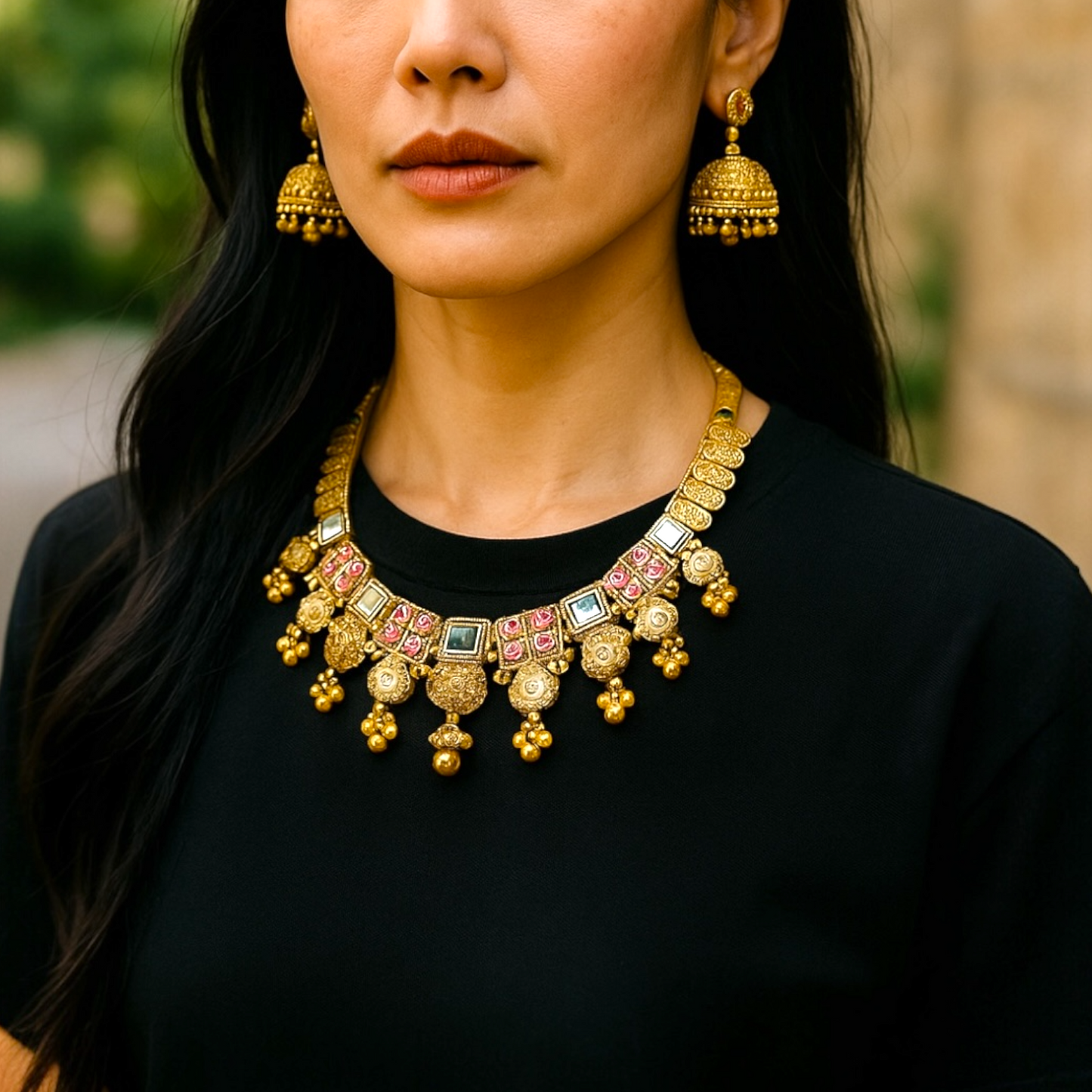 Ethnic looks temple necklace and earrings set