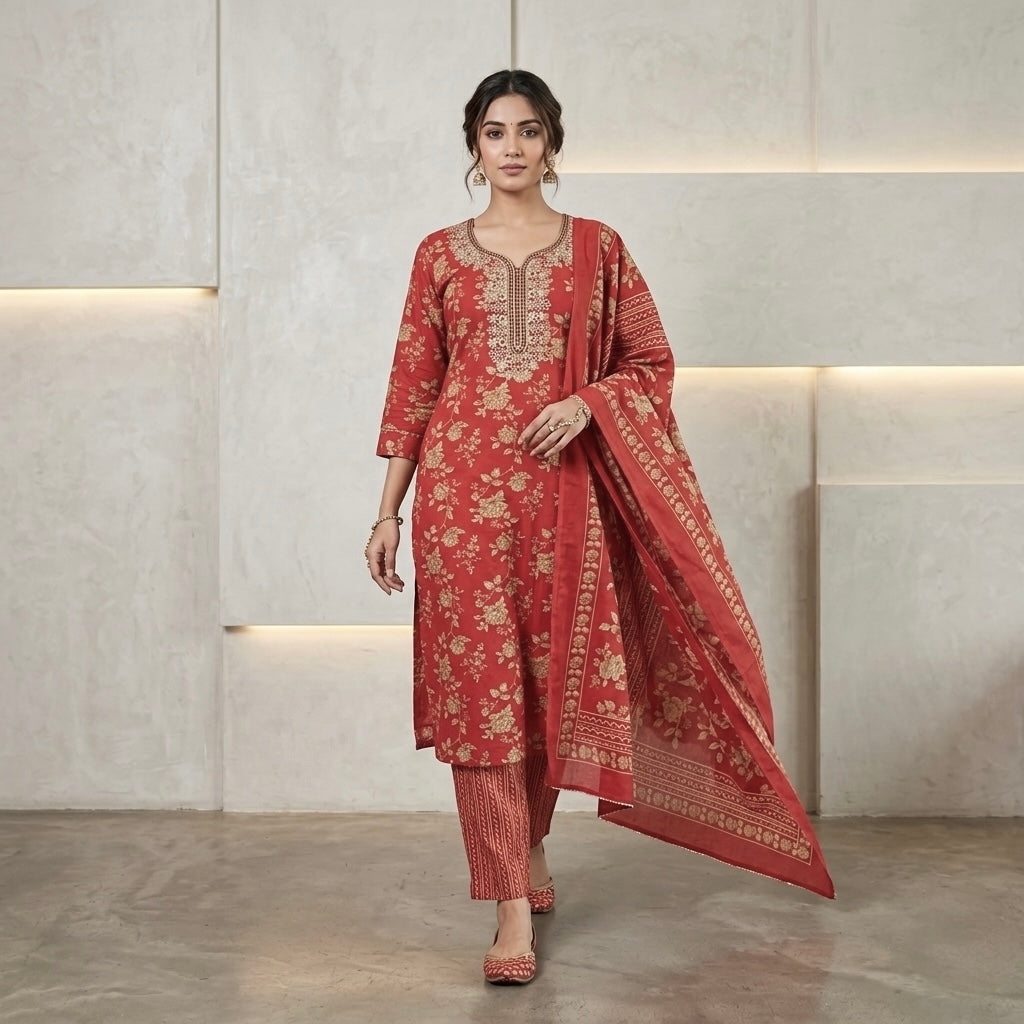 Floral Print Mirror Work Straight Kurta Set