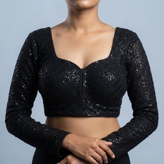 Arch base sequin and embroidered long net sleeve blouse