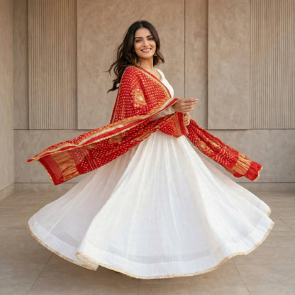 Less worked Anarkali suit with Bandhani dupatta