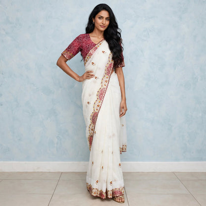 Sequins patchwork saree and Bandhani print blouse Set