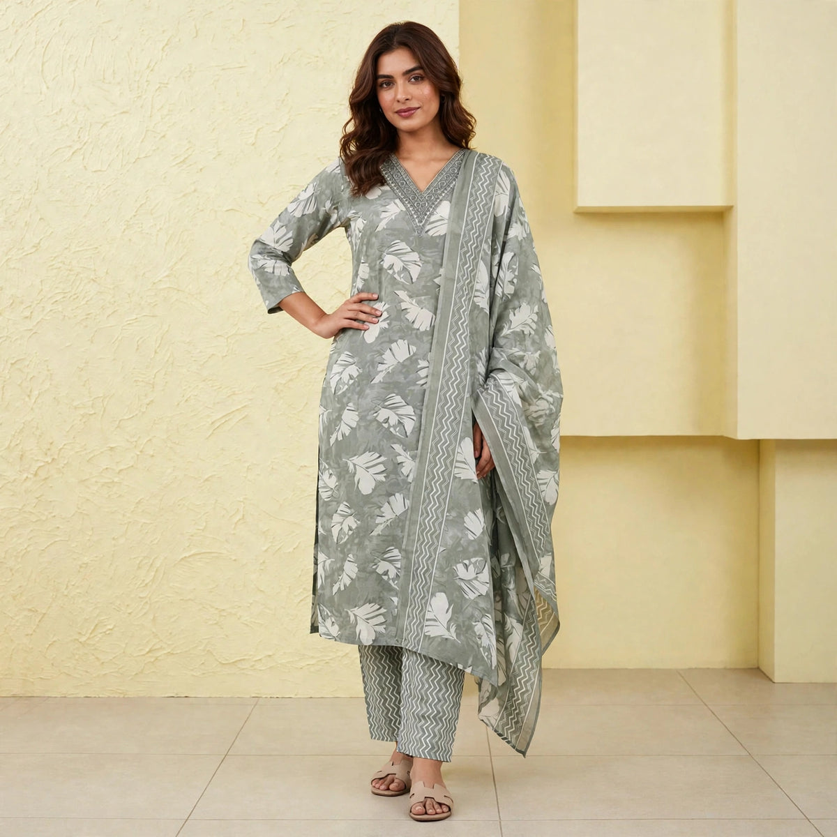 Botanical Print Straight Kurta Set